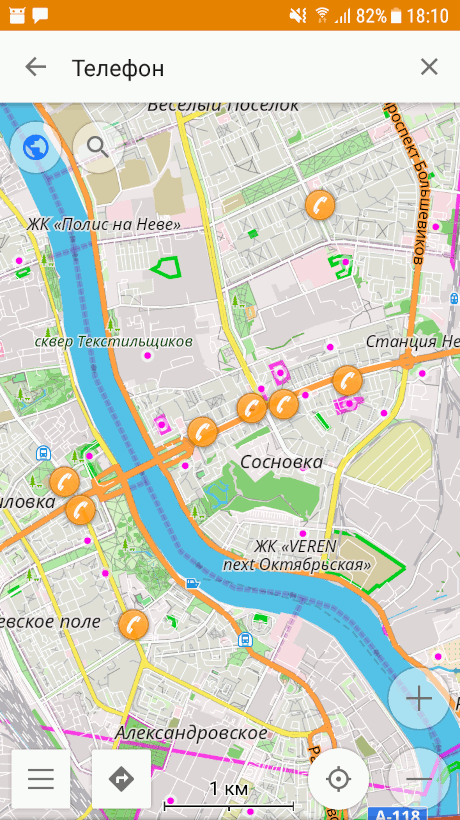 скриншот OsmAnd с иконками телефонов на карте